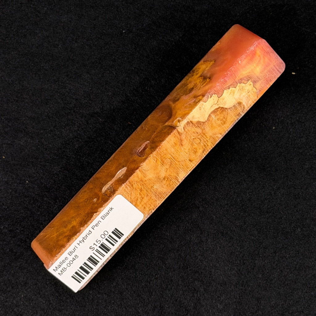 Mallee Burl Resin Hybrid Pen Blank MB-0048 showcasing warm brown and gold wood tones blended with vibrant orange-red resin