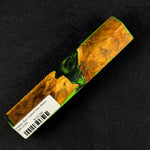 Mallee Burl Resin Hybrid Pen Blank MB-0049 with rich brown and orange wood grain set against vibrant green resin