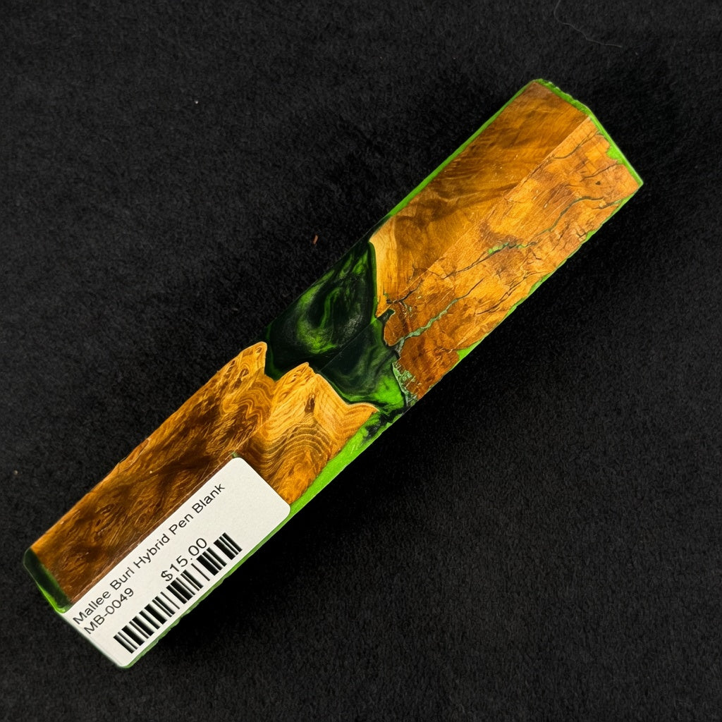 Mallee Burl Resin Hybrid Pen Blank MB-0049 with rich brown and orange wood grain set against vibrant green resin