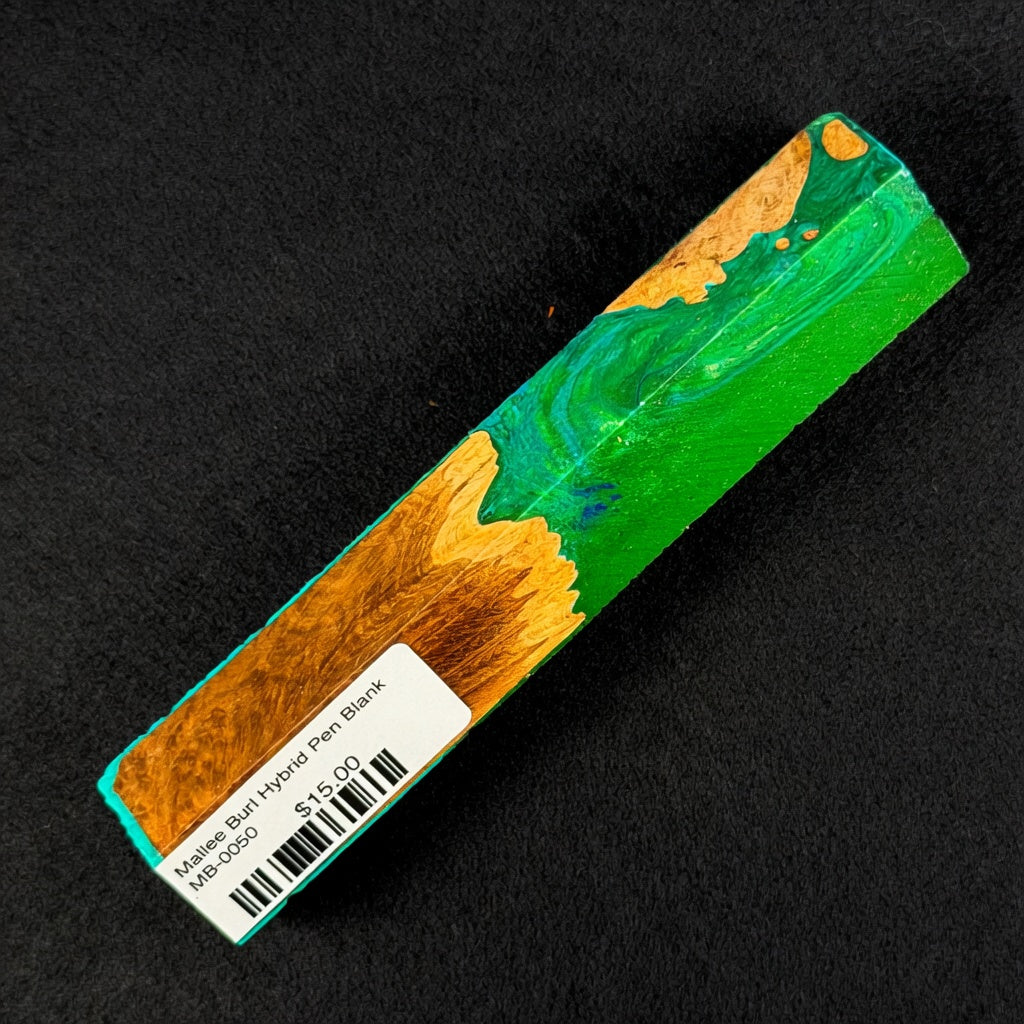 Mallee Burl Resin Hybrid Pen Blank MB-0050 with rich brown wood grain contrasting vibrant green resin and turquoise edges
