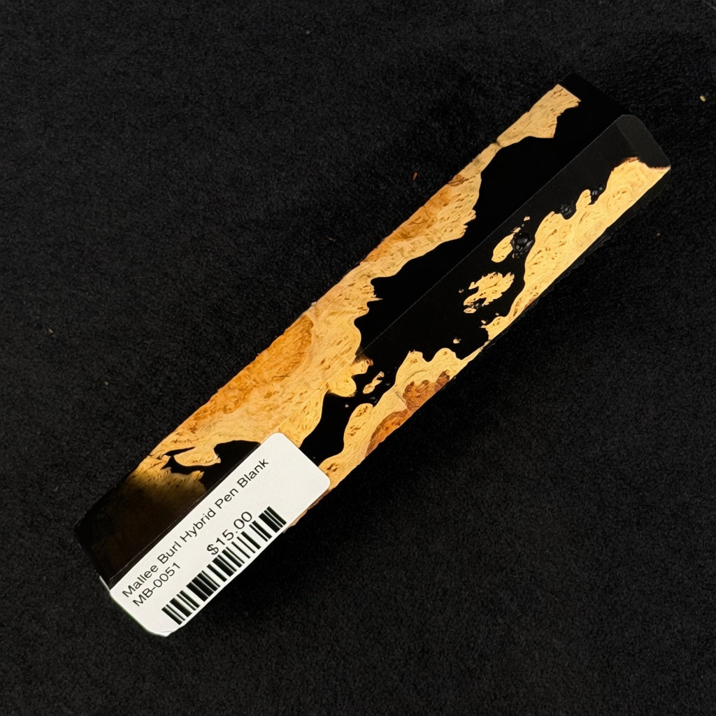 Mallee Burl Resin Hybrid Pen Blank MB-0051 with golden light brown burl wood contrasting deep black resin