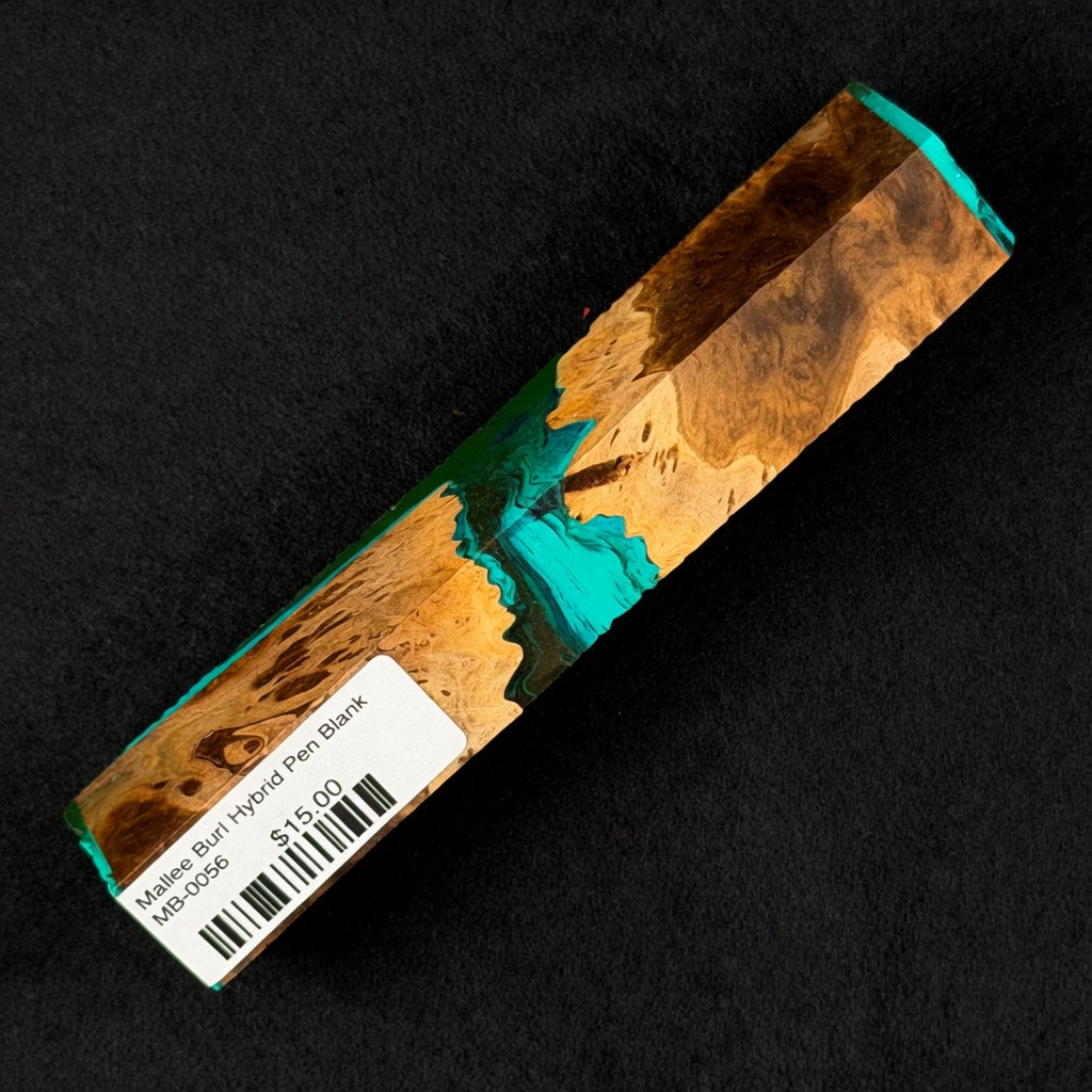 Mallee Burl Resin Hybrid Pen Blank MB-0056 highlighting rich brown wood tones against vibrant turquoise resin