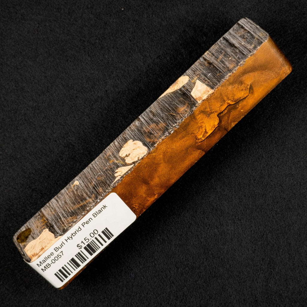 Mallee Burl Resin Hybrid Pen Blank MB-0057 with rich brown wood grain and cream accents set in translucent amber resin