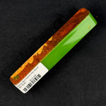 Mallee Burl Resin Hybrid Pen Blank MB-0058 showing rich brown and orange wood grain next to vibrant lime green resin