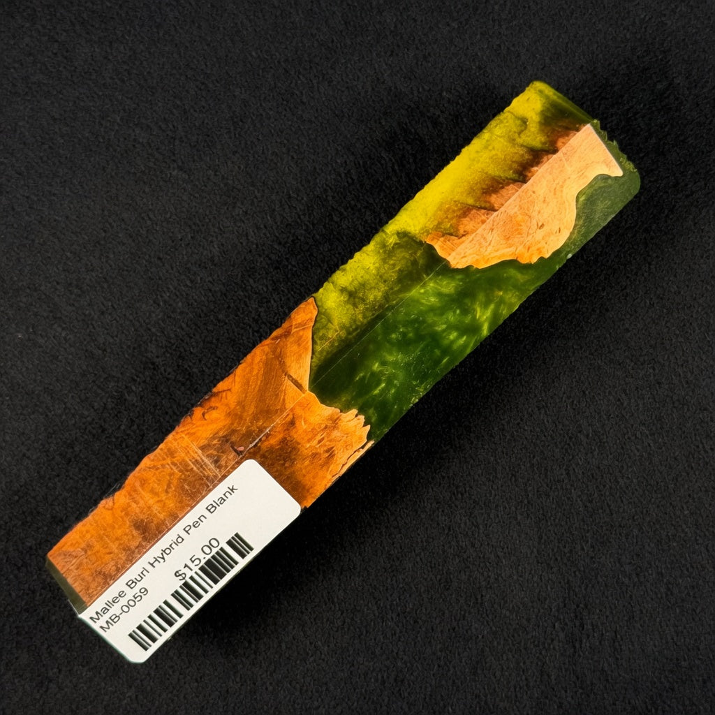 Mallee Burl Hybrid Pen Blank MB-0059 showcasing vibrant orange and brown wood grain against swirling green and yellow resin