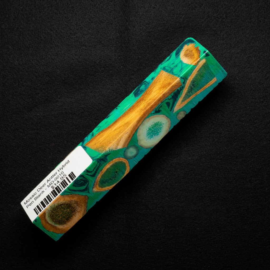 Mosaic Deer Antler Hybrid Pen Blank MD-0010 with vibrant teal resin and golden brown antler inclusions