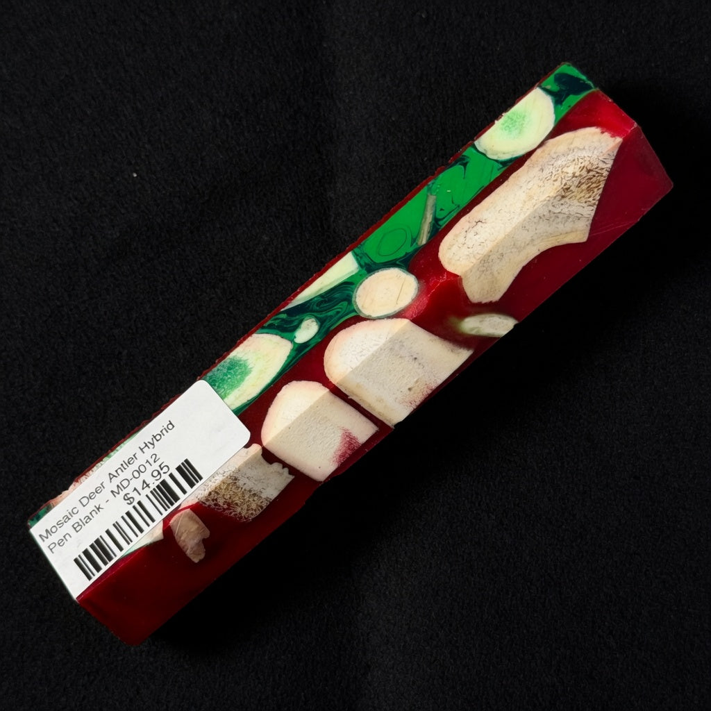 Mosaic Deer Antler Hybrid Pen Blank MD-0012 showcasing bold red resin accented by vibrant green swirls around natural beige antler pieces