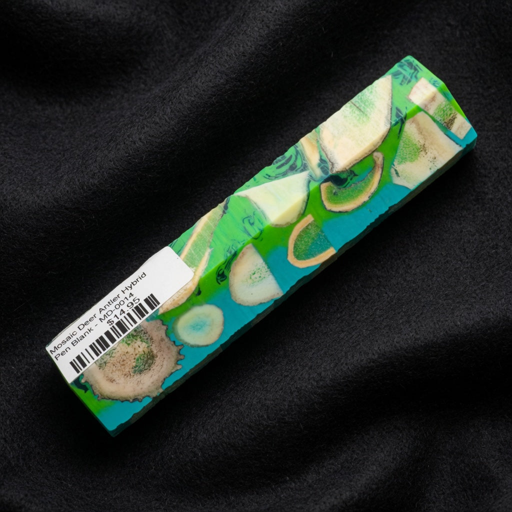Mosaic Deer Antler Hybrid Pen Blank MD-0014 with neon green, turquoise and cream antler pieces in vibrant resin