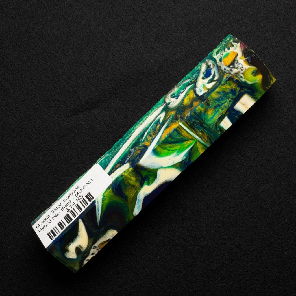 Mosaic Gator Jawbone Hybrid Pen Blank MG-0001 with vibrant green, blue, and yellow swirls surrounding white bone pieces in clear resin