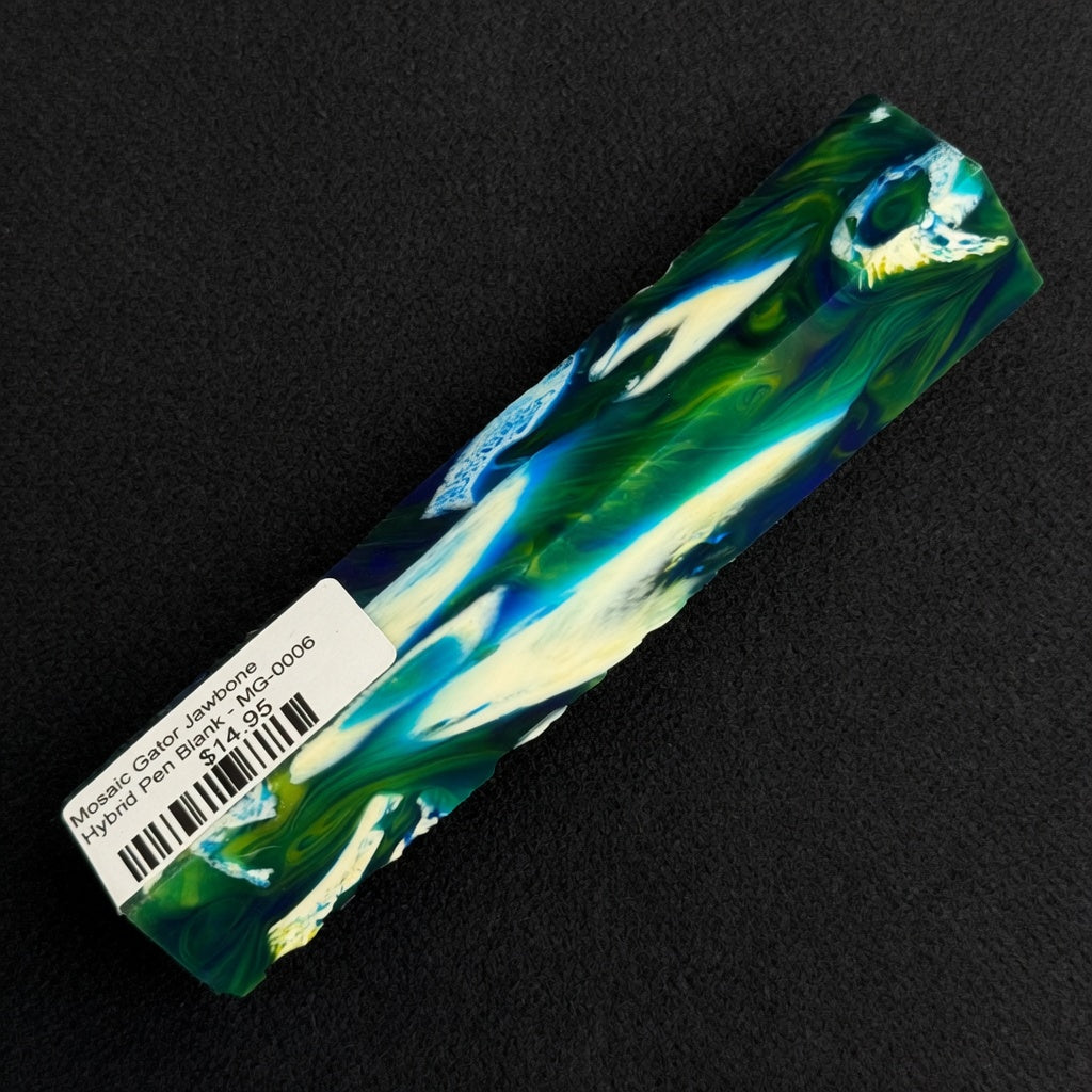 Mosaic Gator Jawbone Hybrid Pen Blank MG-0006 with vibrant green, blue, white and yellow resin swirls