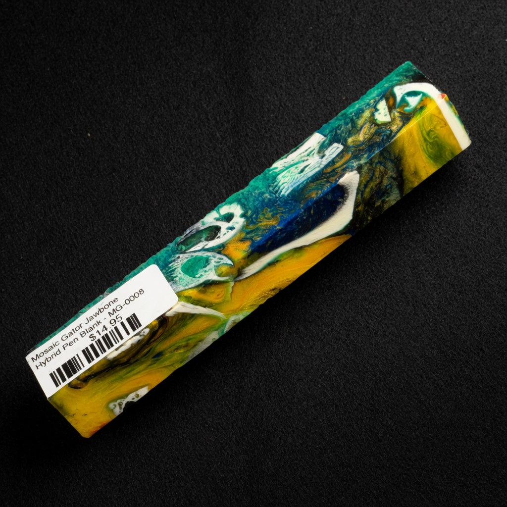 Vibrant Mosaic Gator Jawbone Hybrid Pen Blank MG-0008 displaying rich teal, blue, yellow and white tones throughout the resin