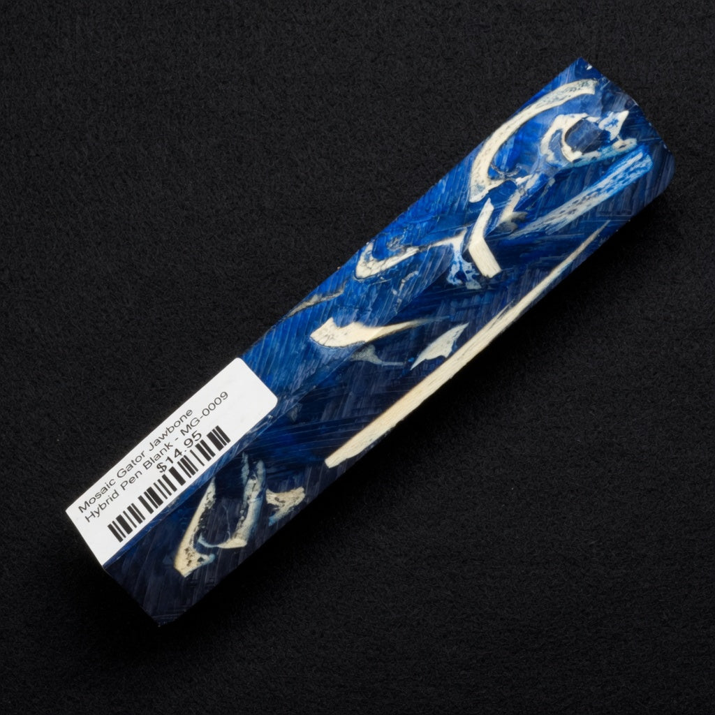 MG-0009 Mosaic Gator jawbone hybrid pen blank with deep blue resin and contrasting white ivory bone pieces