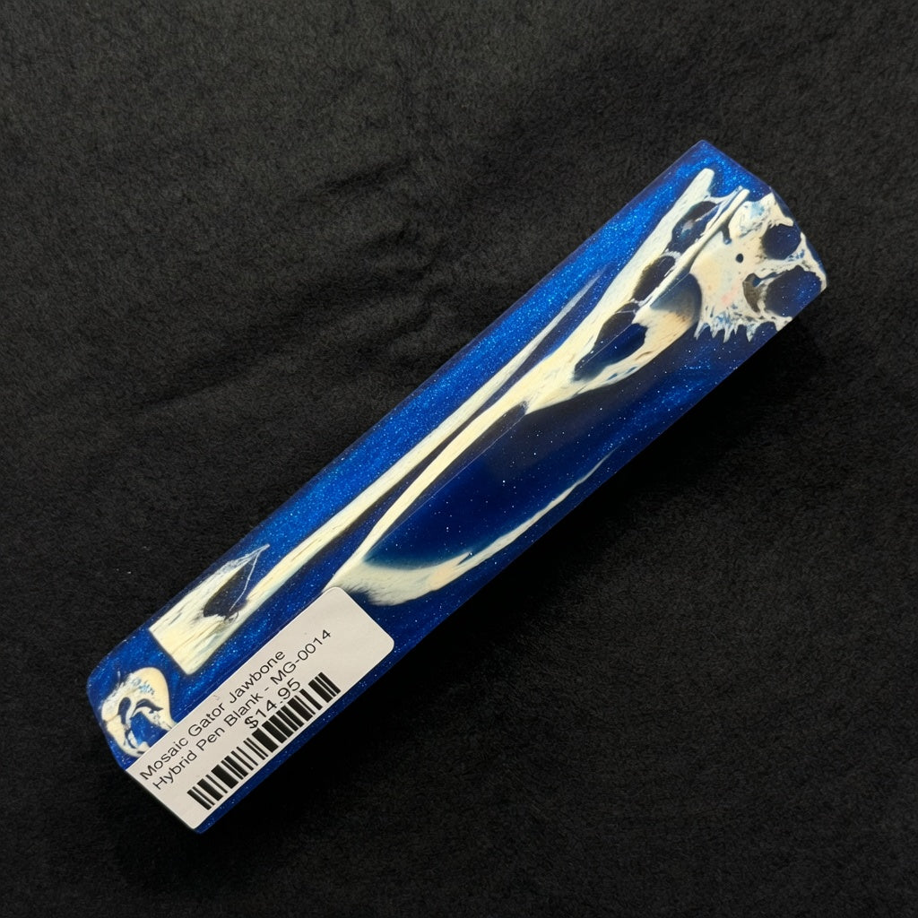 MG-0014 Mosaic Gator Jawbone Hybrid Pen Blank in deep blue glitter resin with white and black bone accents