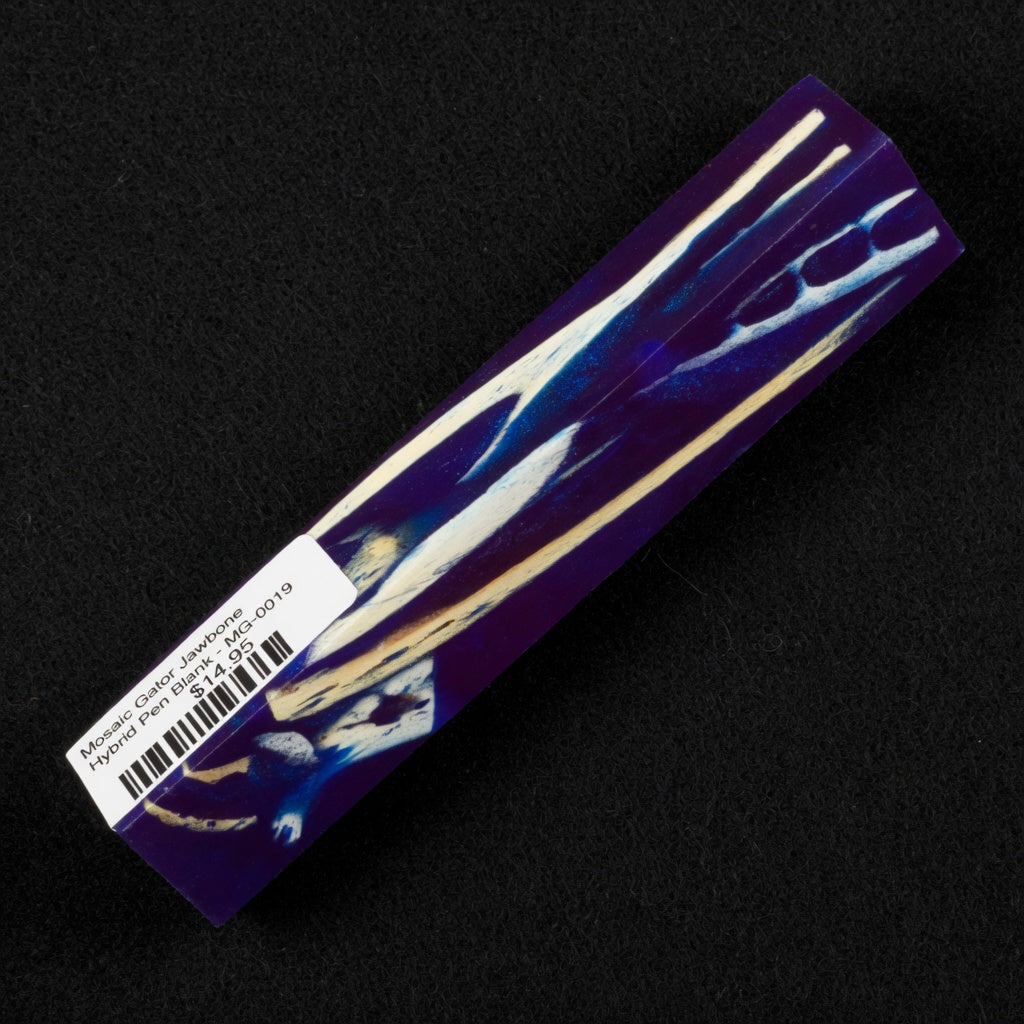 Mosaic Gator Jawbone Hybrid Pen Blank MG-0019 with deep purple resin surrounding white and beige bone fragments