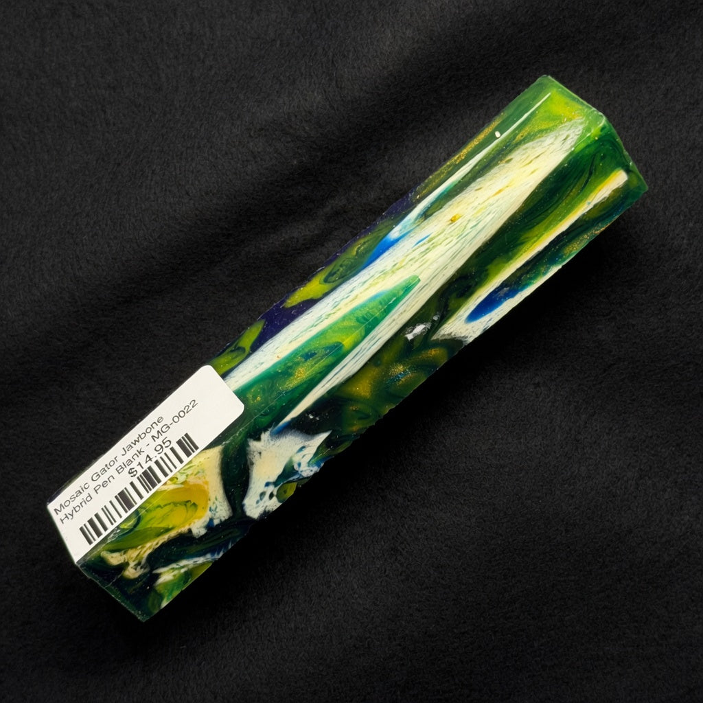Mosaic Gator Jawbone Hybrid Pen Blank MG-0022 with vibrant green, yellow, blue and white swirls in clear resin