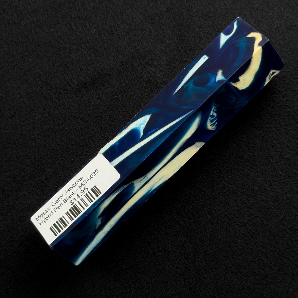 MG-0025 Mosaic Gator jawbone hybrid pen blank in deep blue resin with swirling white and ivory patterns
