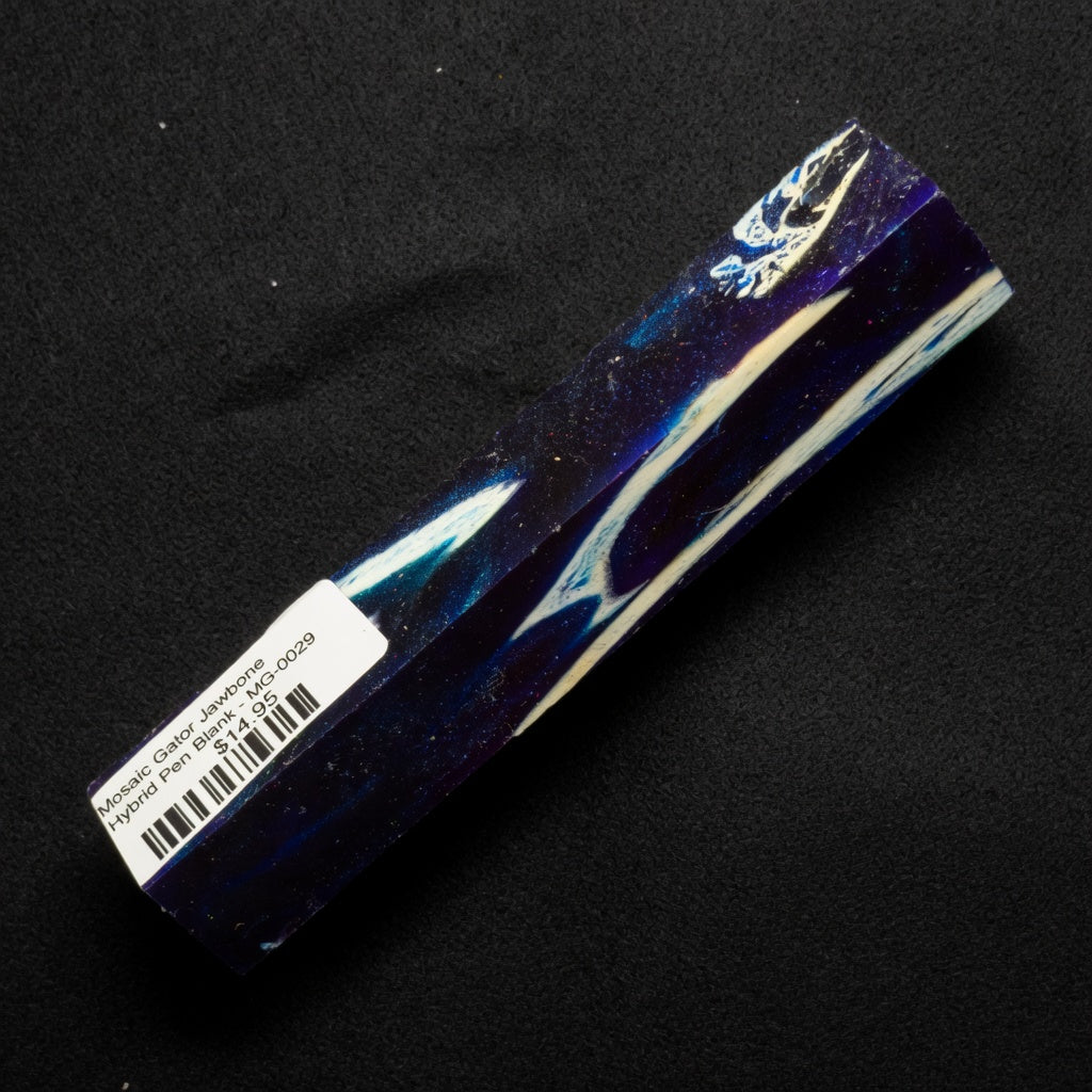 Mosaic Gator Jawbone Hybrid Pen Blank MG-0029 with deep navy blue resin, white jawbone accents and purple glitter highlights