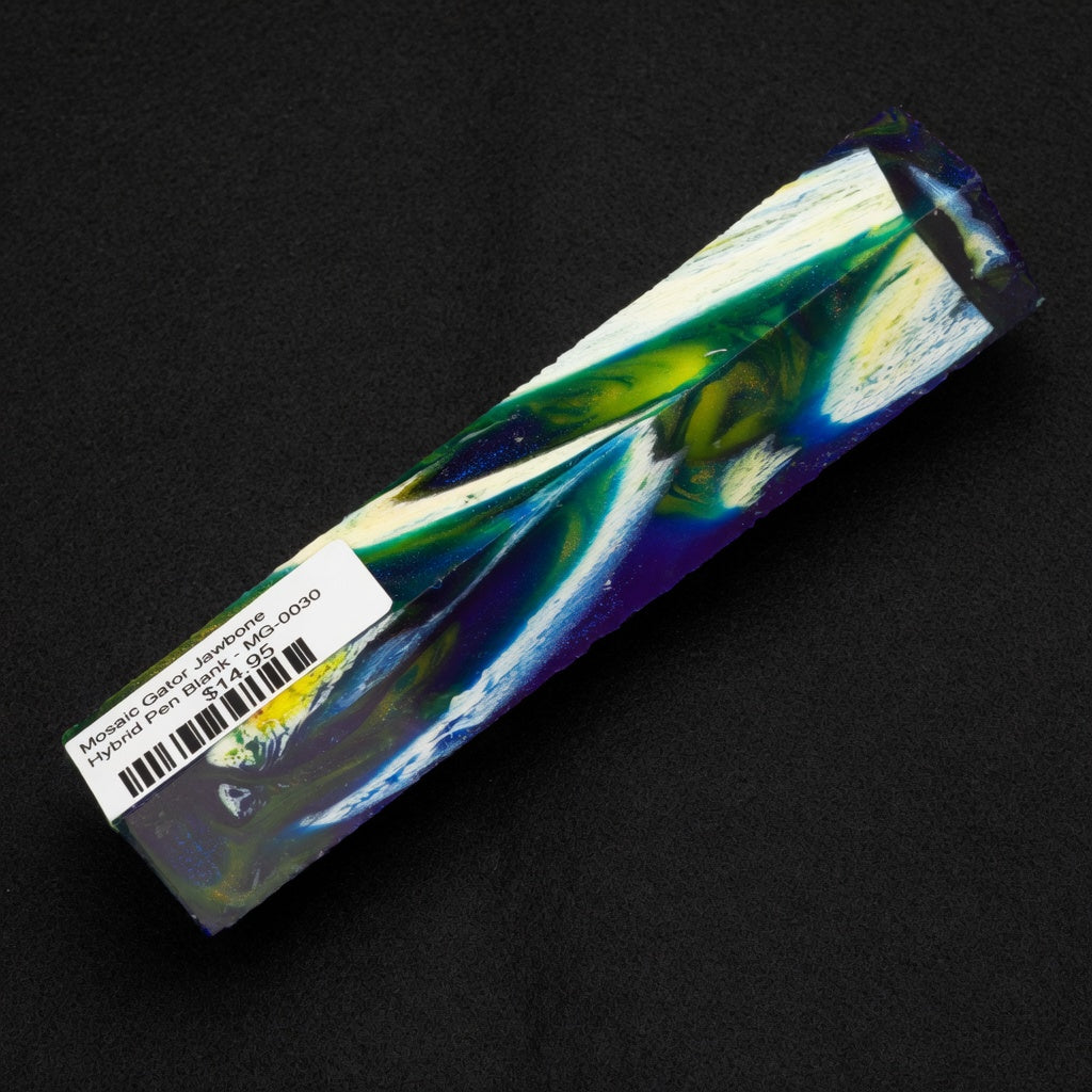 Mosaic Gator Jawbone Hybrid Pen Blank MG-0030 with swirling green, blue, yellow and purple patterns in clear resin