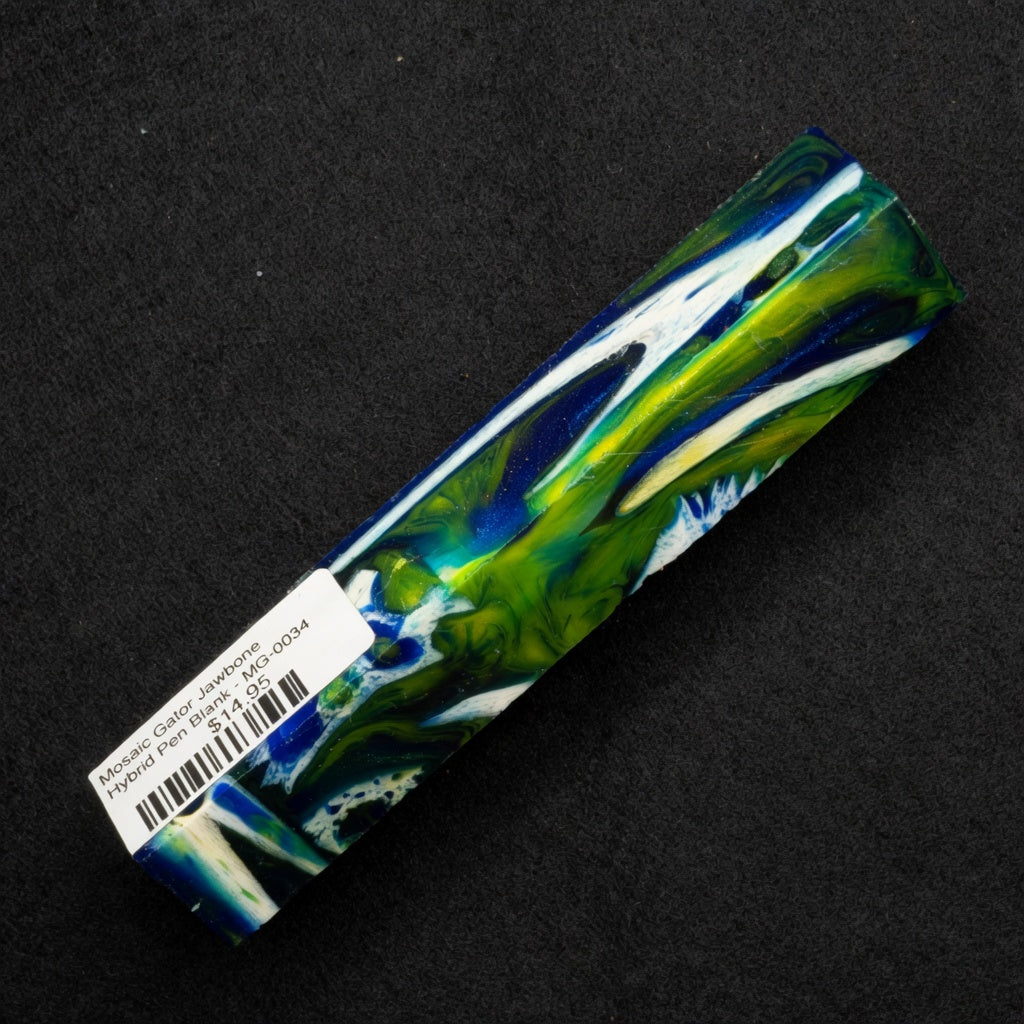 MG-0034 Mosaic Gator jawbone hybrid blank with bold blue, green and white resin swirls