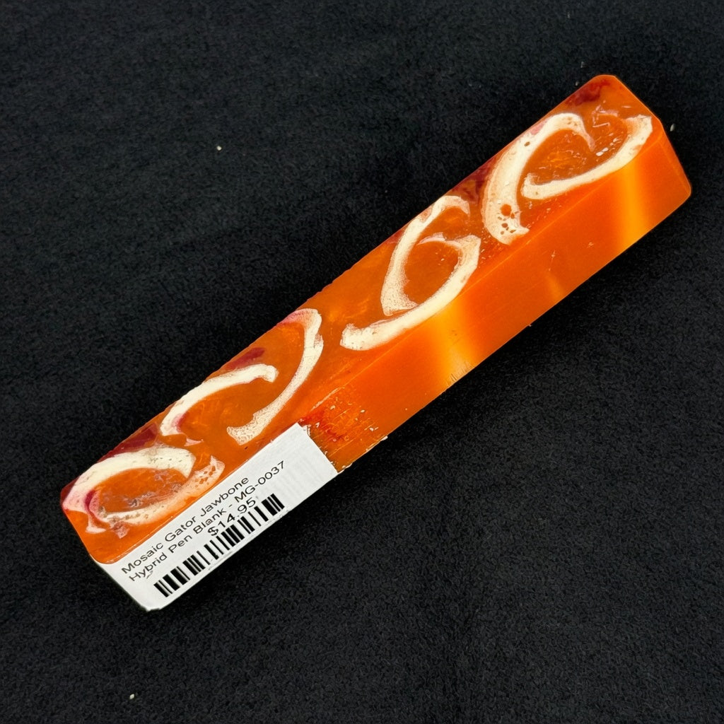 MG-0037 Mosaic Gator Jawbone Hybrid Pen Blank in vibrant orange resin with embedded white and red jawbone patterns