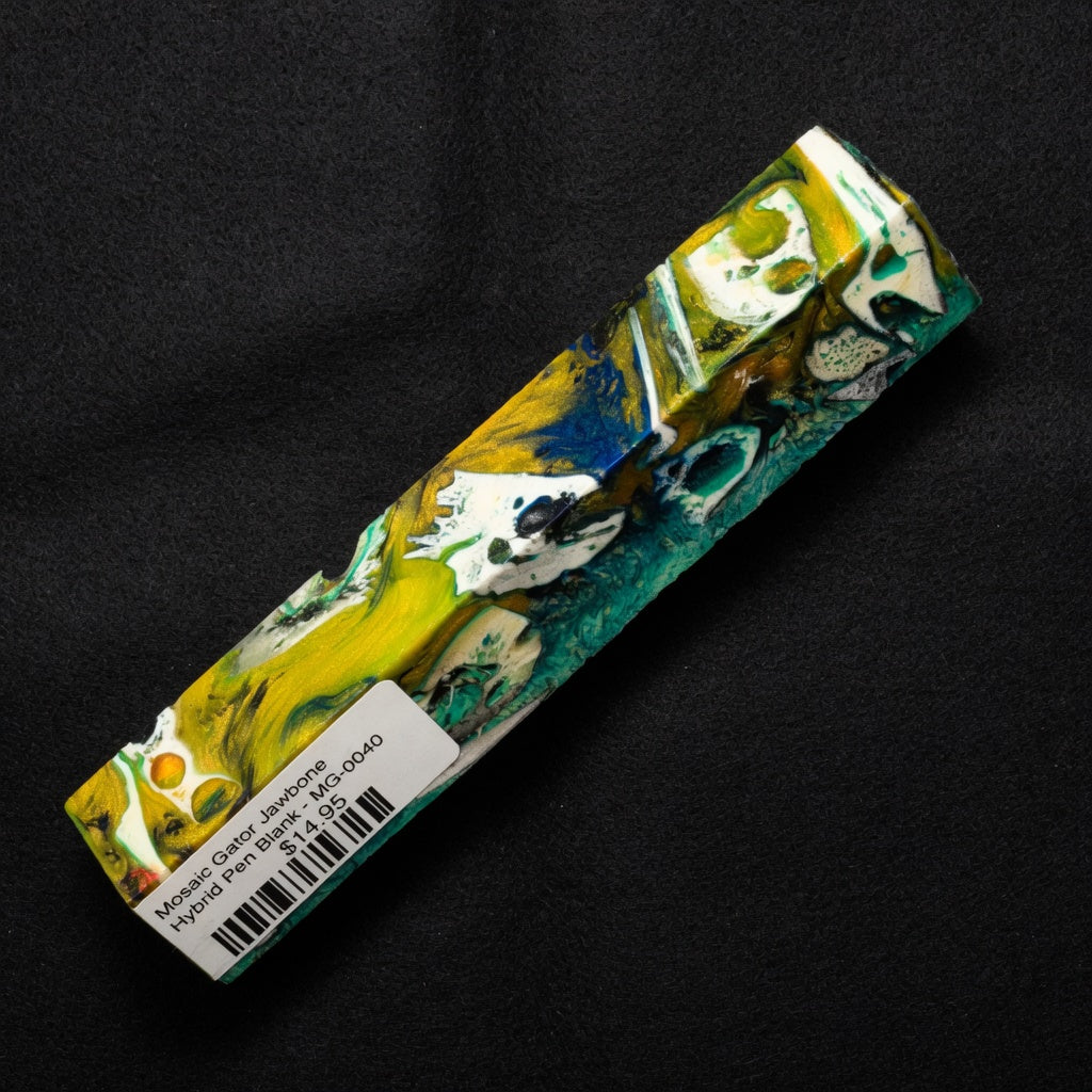 Mosaic Gator Jawbone Hybrid Pen Blank MG-0040 showcasing vibrant yellow, blue, and teal resin swirls around white bone pieces