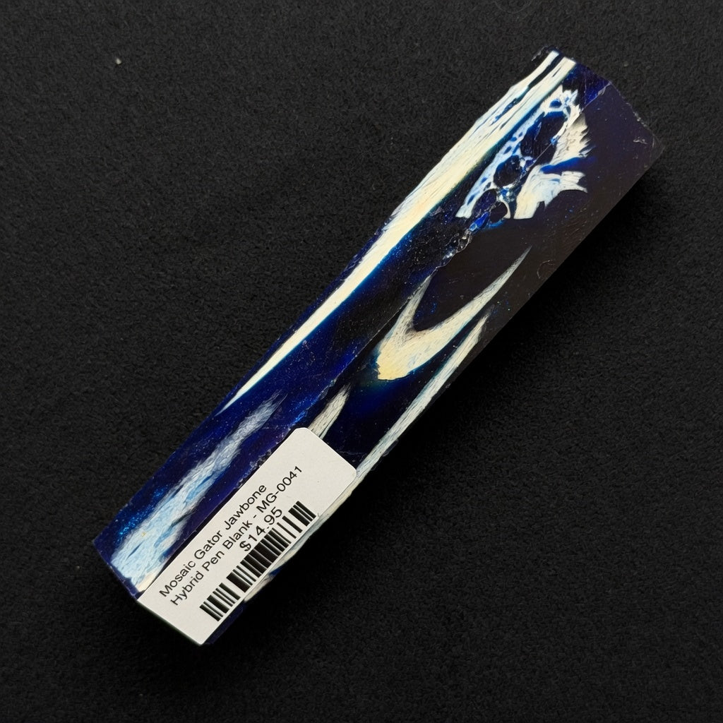 Mosaic Gator Jawbone Hybrid Pen Blank MG-0041 showcasing deep blue resin with white and light blue jawbone accents
