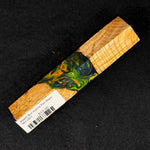 Maple Burl Hybrid Pen Blank MH-0001 showcasing golden brown wood grain beside swirling green, blue and orange resin patterns