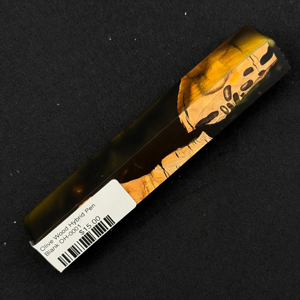 Olive Wood Hybrid Pen Blank OH-0001 showcasing golden yellow and brown wood tones against dark green resin
