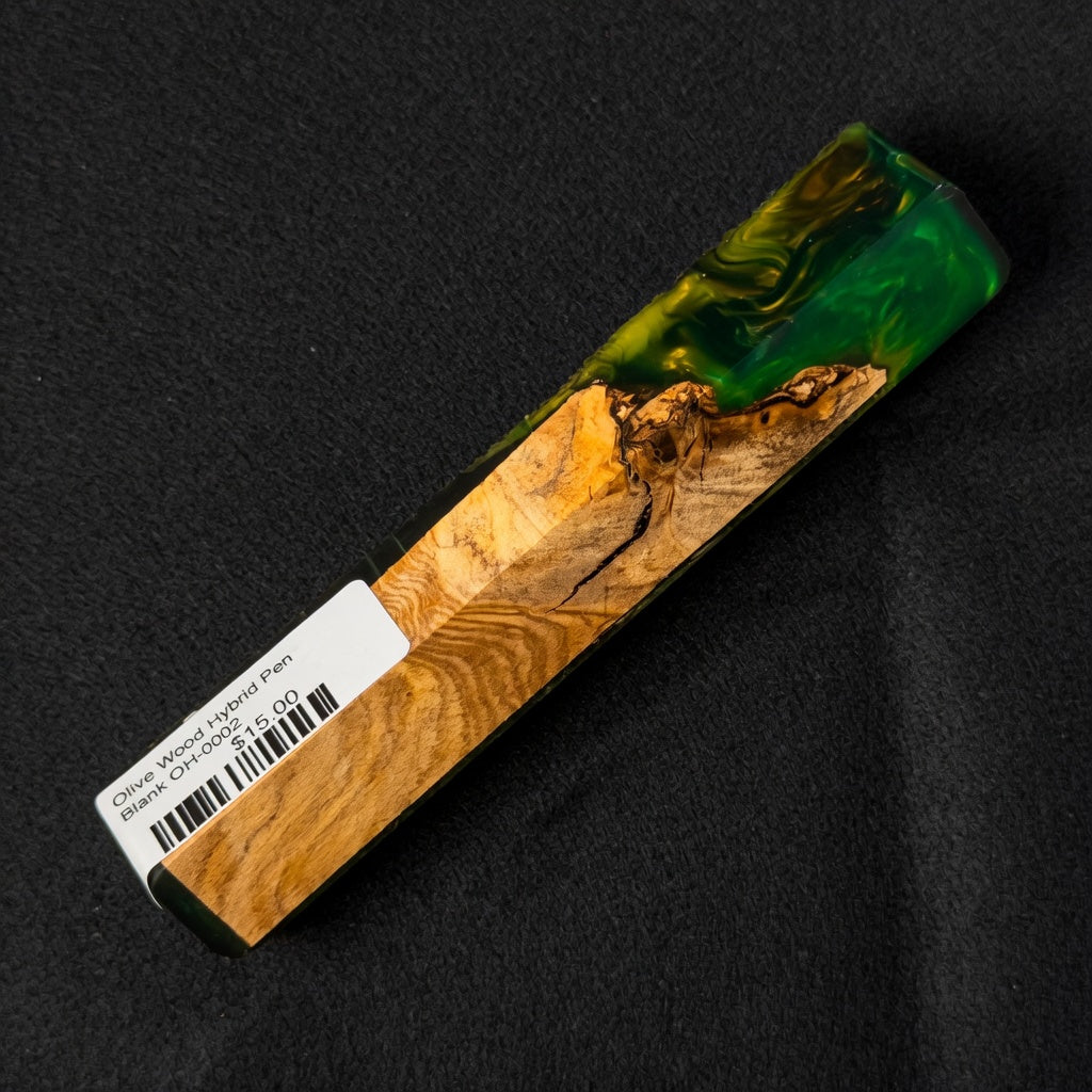 Olive Wood Hybrid Pen Blank OH-0002 displaying rich brown wood grain next to vibrant green resin with yellow swirls