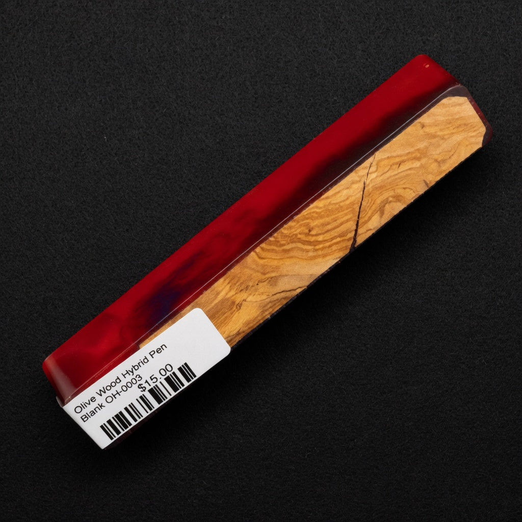 Olive Wood Hybrid Pen Blank OH-0003 with vibrant red resin and rich brown olive wood grain