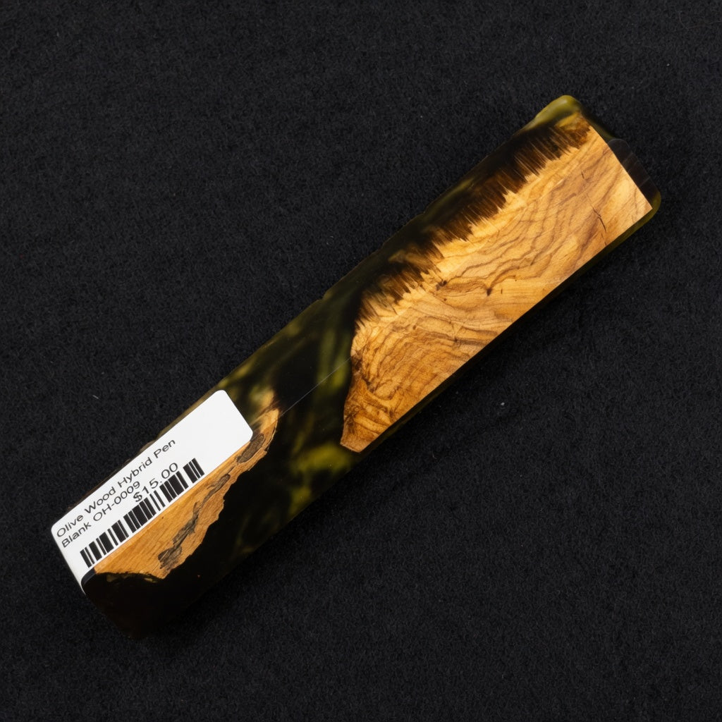 Olive Wood Hybrid Pen Blank OH-0009 showcasing rich golden brown wood grain set in deep olive green resin