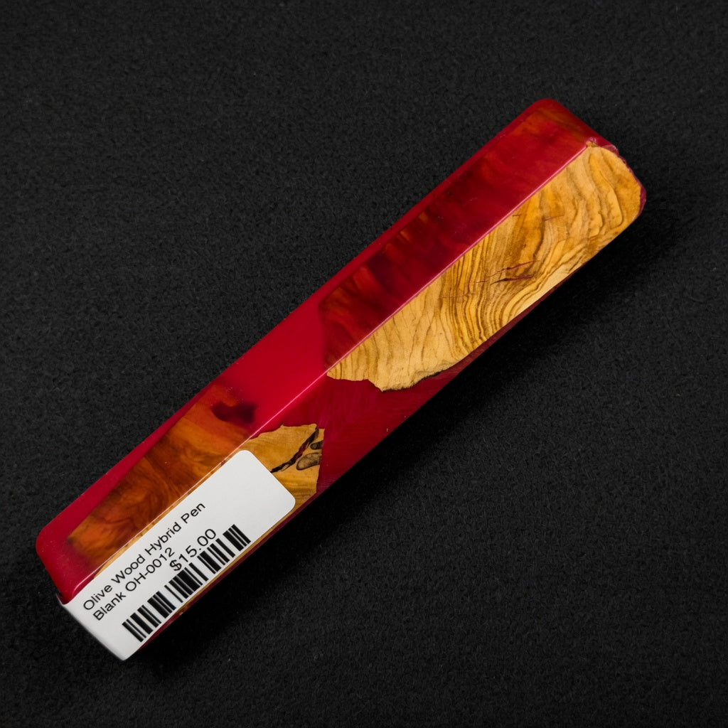 Olive Wood Hybrid Pen Blank OH-0012 showcasing vibrant red resin alongside golden yellow and warm brown wood tones