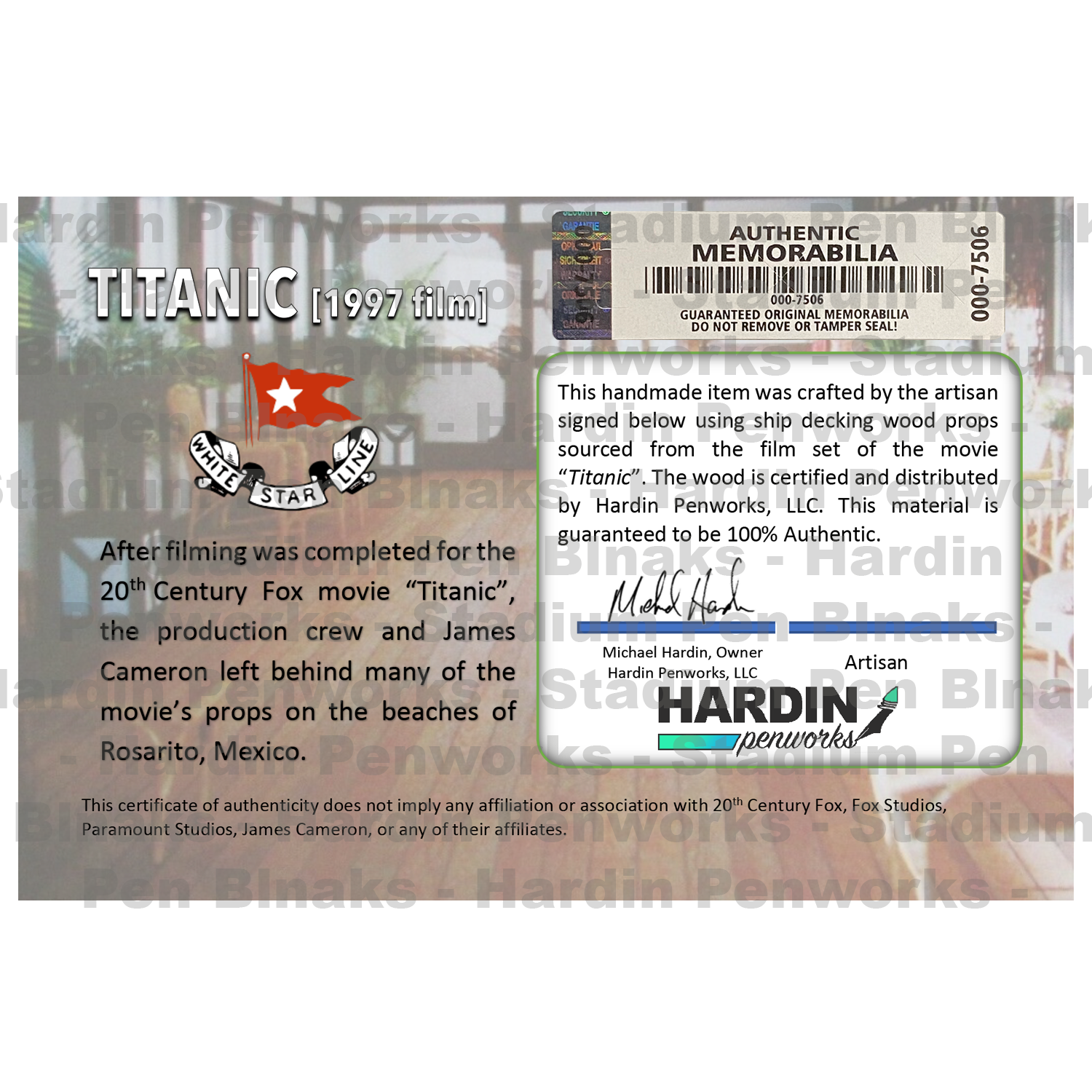 Authentic James Cameron Titanic film set wood pen blank – Rosarito Mexico