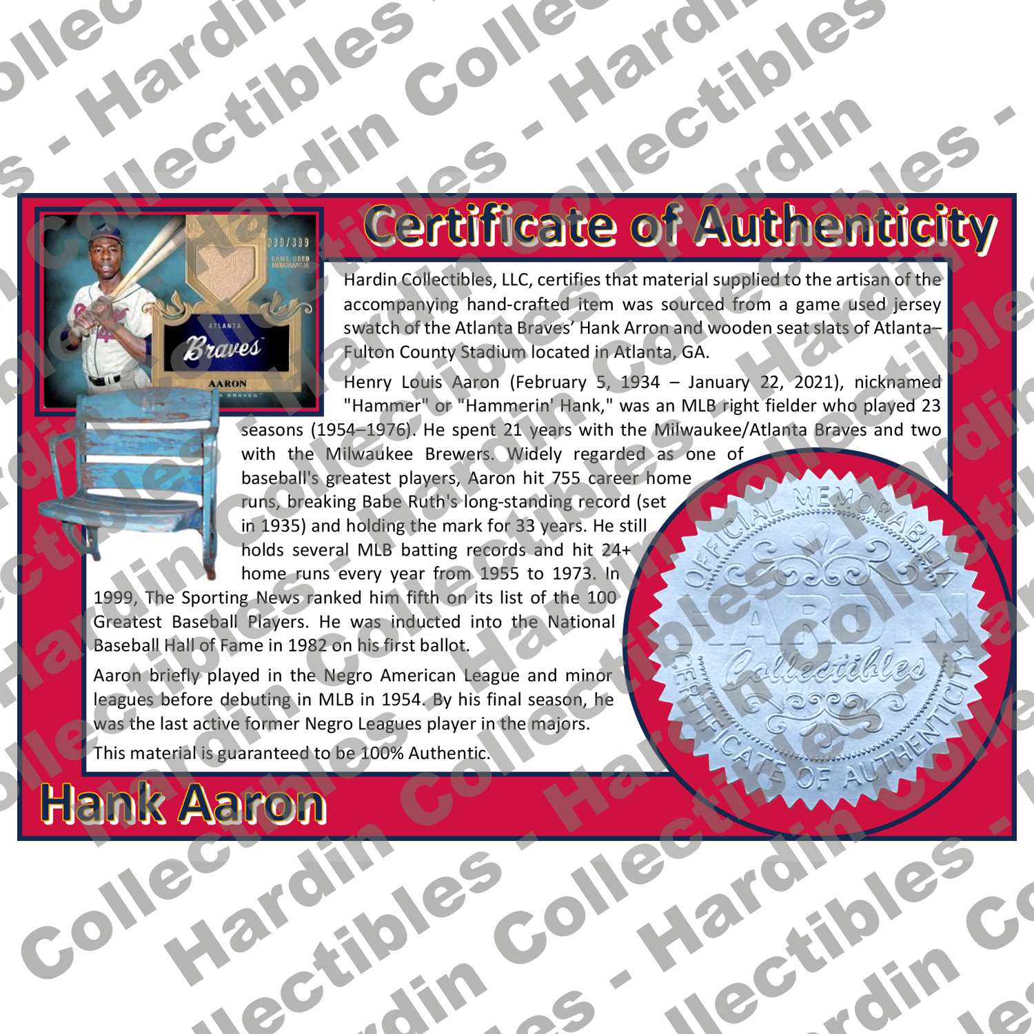 Image of certificate of authenticity for Aaron, Hank 