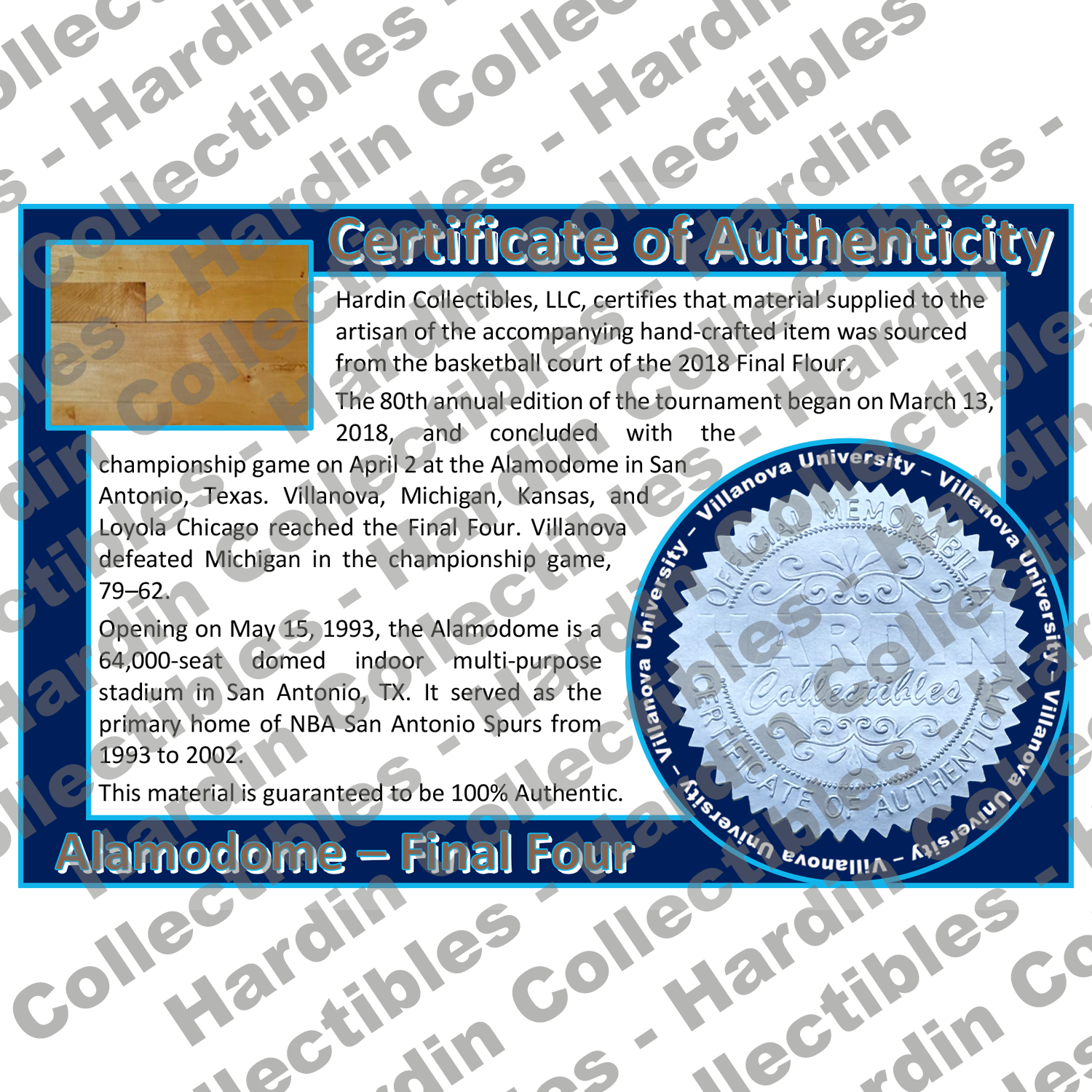 Image of certificate of authenticity for Alamodome (2018 Final Four) Villanova University - front
