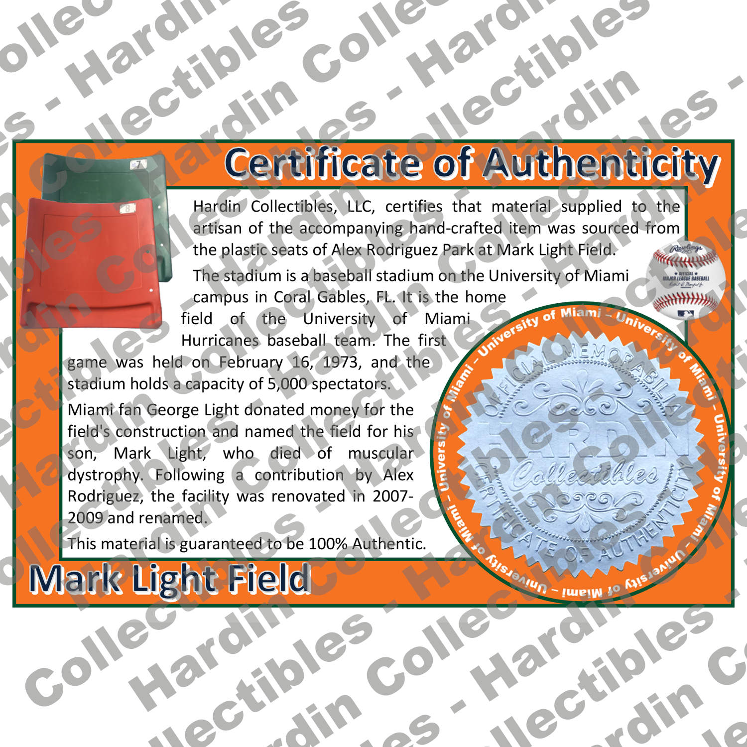 Image of certificate of authenticity for Alex Rodriguez Park at MarkLight Field (University of Miami) - front