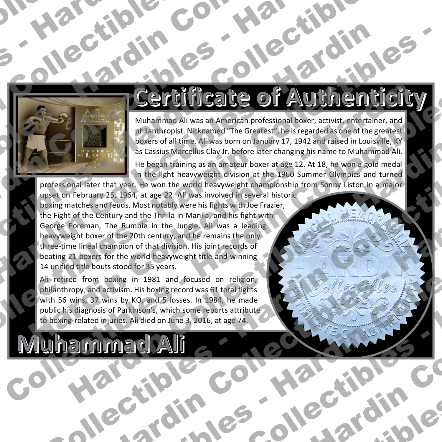 Image of certificate of authenticity for Ali, Muhammad - Event-Worn Glove Relic - front