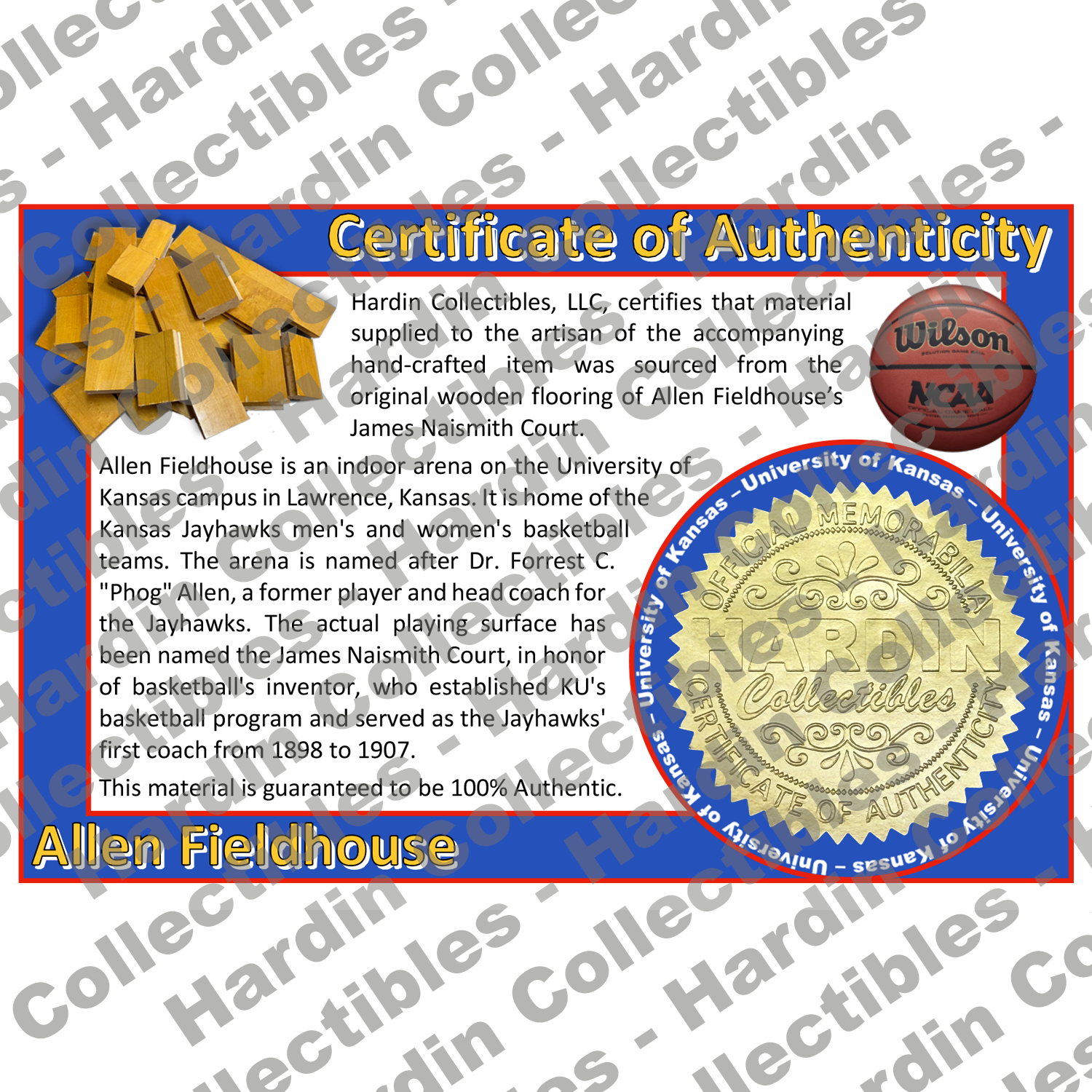 Image of certificate of authenticity for Allen Fieldhouse [FLOOR] (Kansas, University of) - front