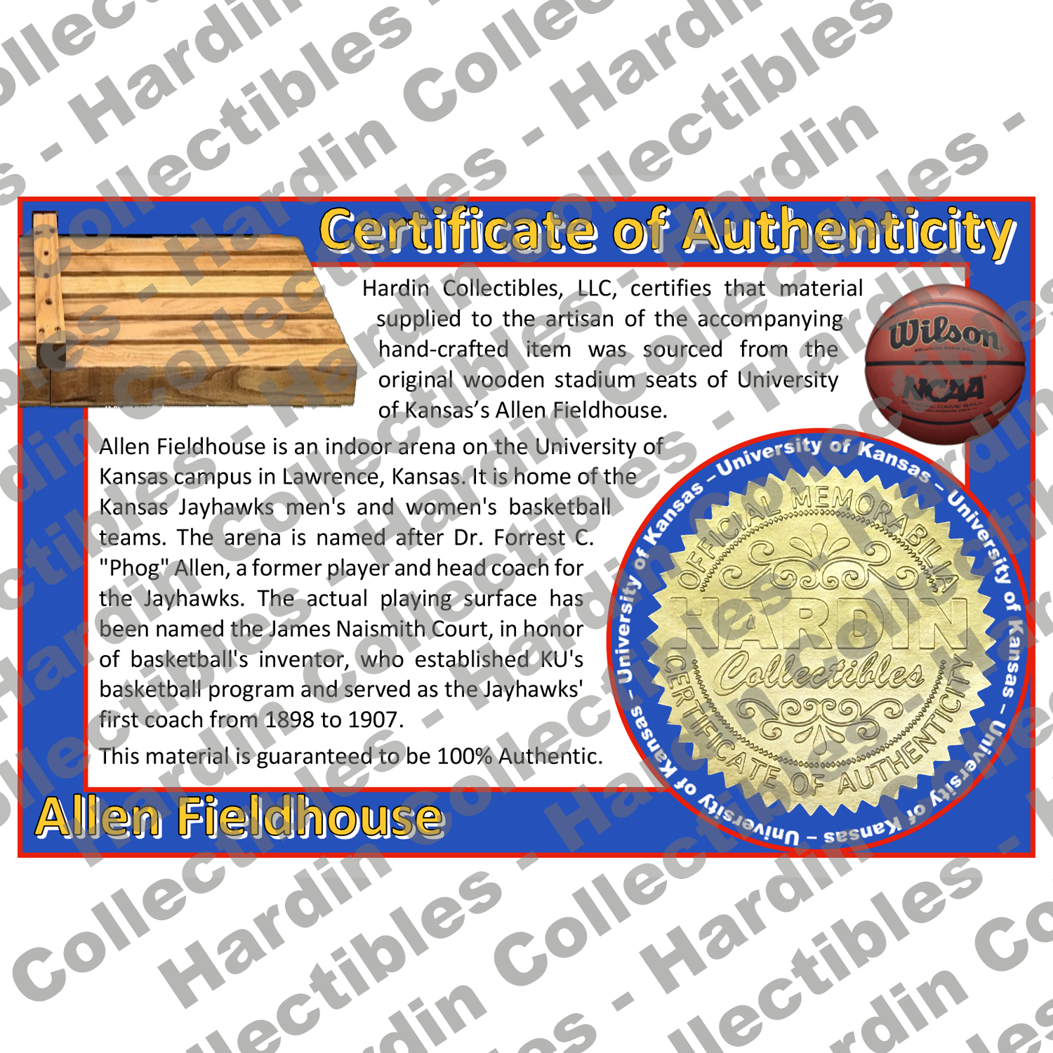 Image of certificate of authenticity for Allen Fieldhouse [LOCKER BENCH] (Kansas, University of) - front