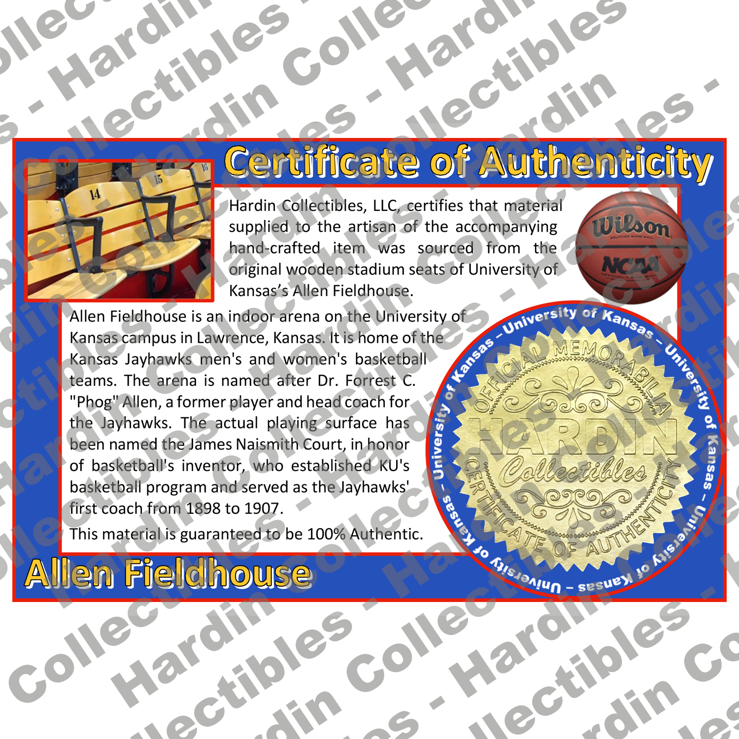 Image of certificate of authenticity for Allen Fieldhouse [SEAT] (Kansas, University of) - front