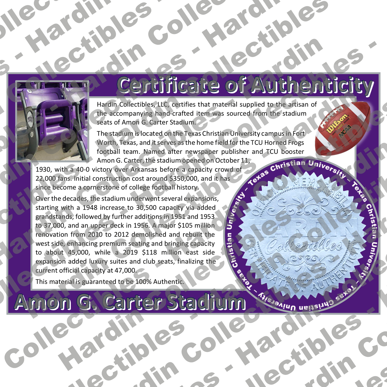 Image of certificate of authenticity for Amon G. Carter Stadium (Texas Christian University) - front