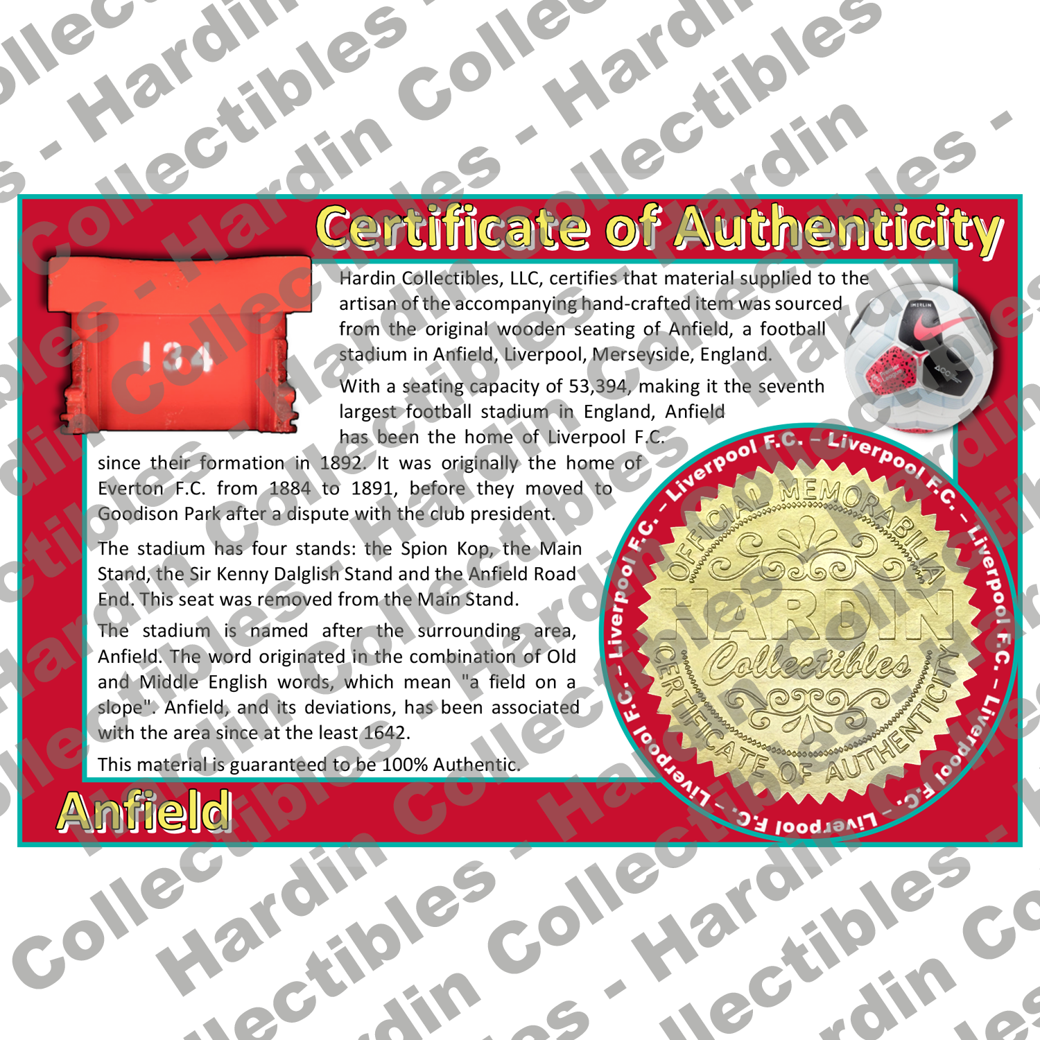 Image of certificate of authenticity for Anfield (Liverpool F. C.) - front