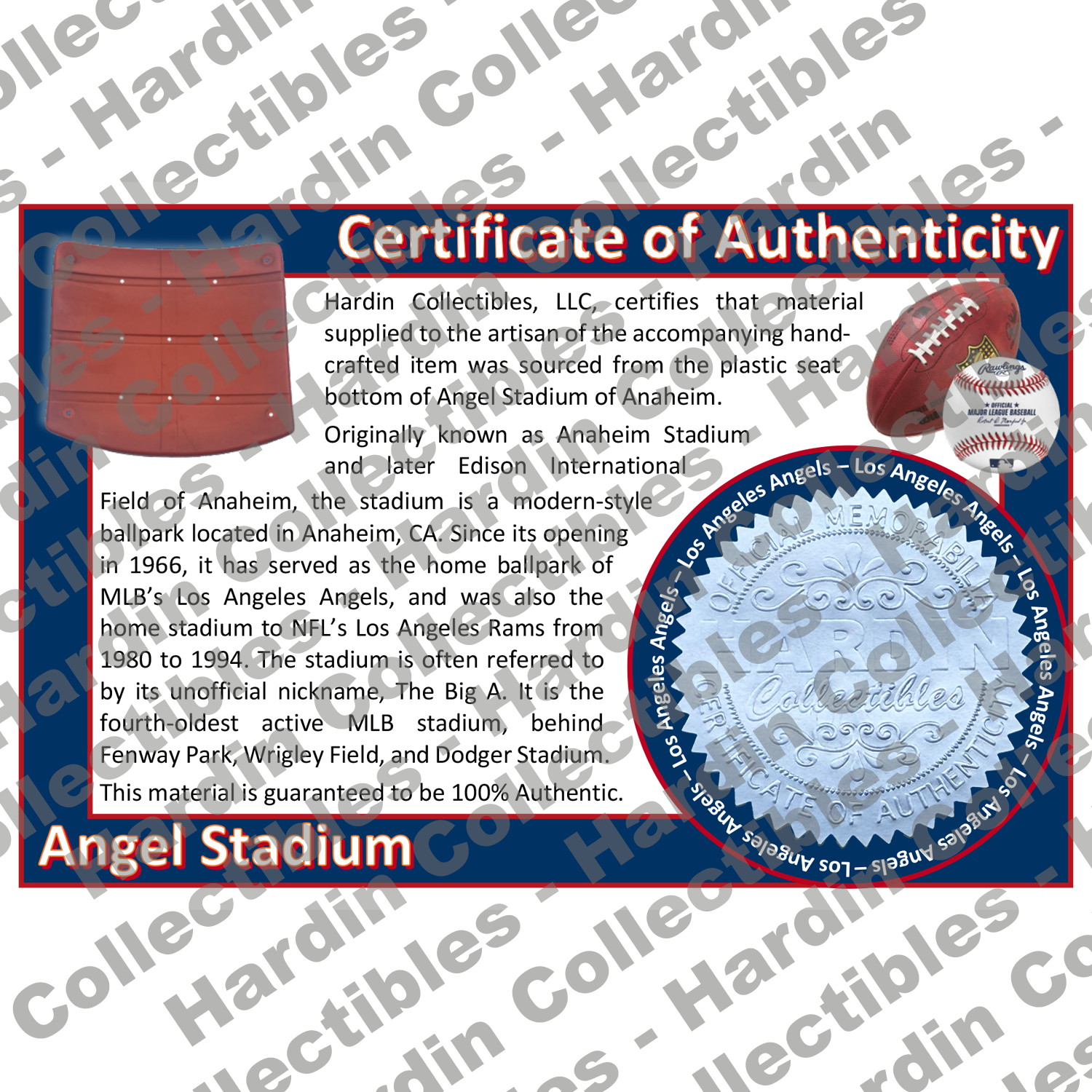 Image of certificate of authenticity for Angel Stadium of Anaheim (Los Angeles Angels) - front