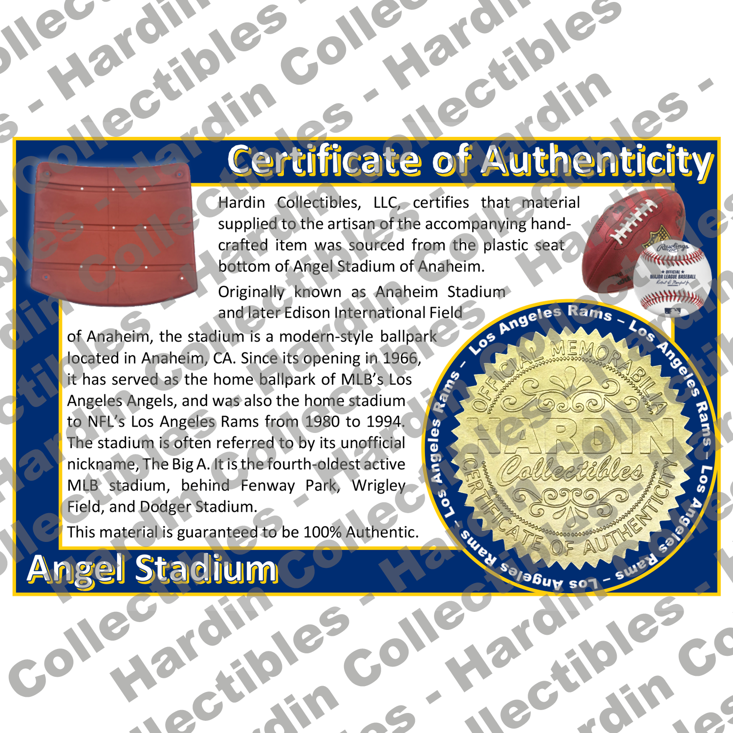 Image of certificate of authenticity for Angel Stadium of Anaheim (Los Angeles Rams) - front