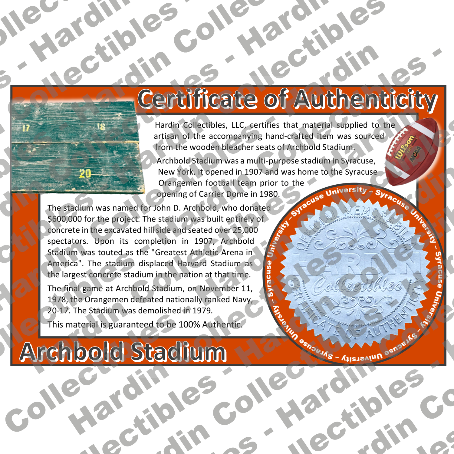 Image of certificate of authenticity for Archbold Stadium (Syracuse University) [WOOD] - front