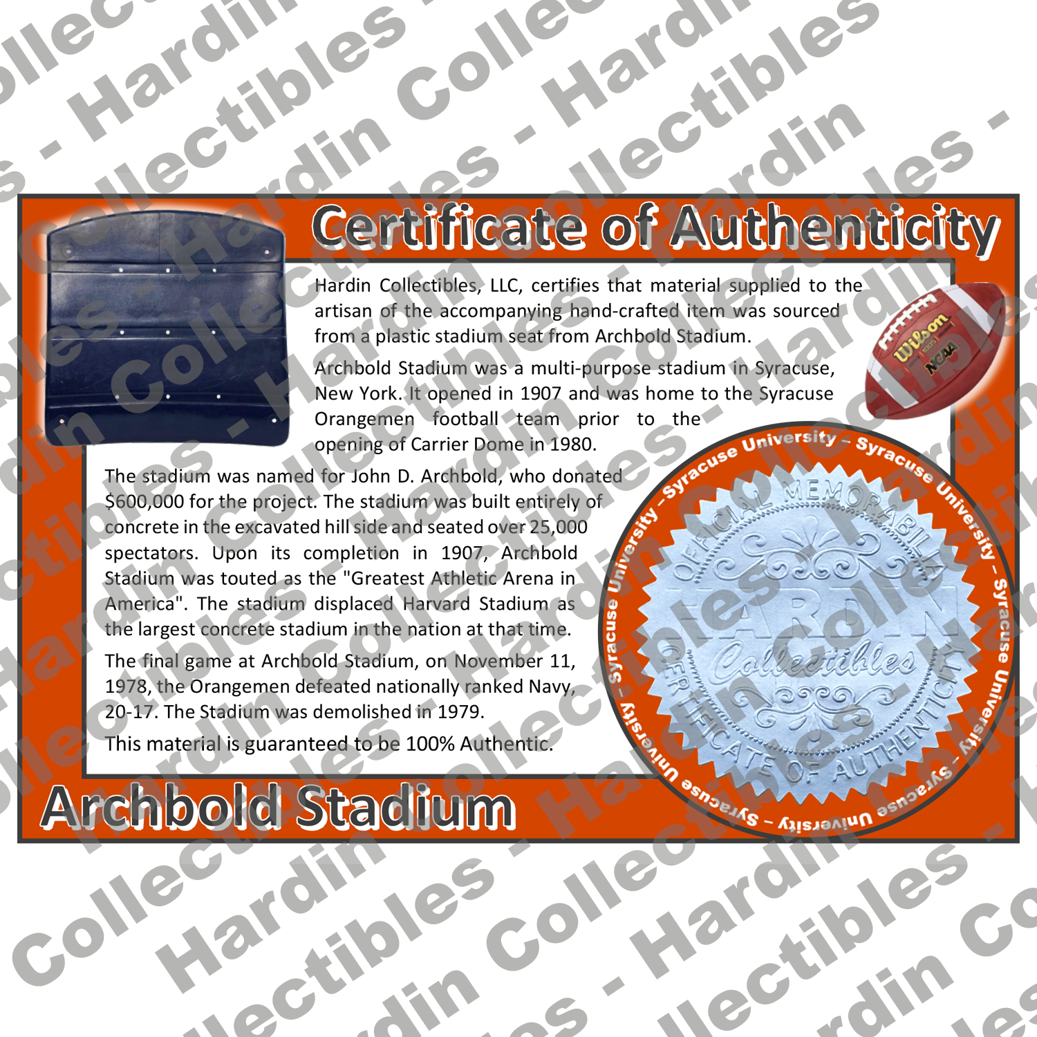 Image of certificate of authenticity for Archbold Stadium (Syracuse University) [PLASTIC] - front