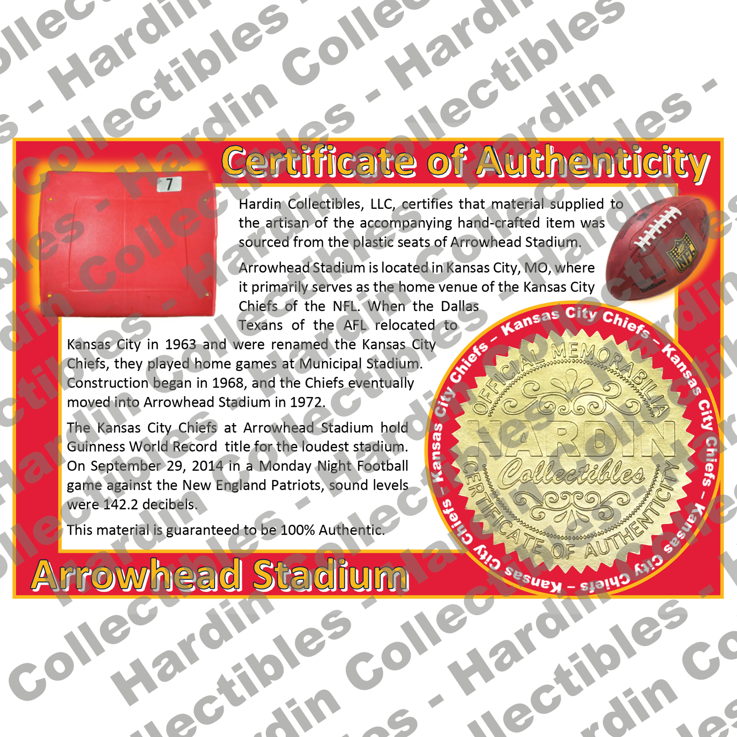 Image of certificate of authenticity for Arrowhead Stadium (Kansas City Chiefs) - front