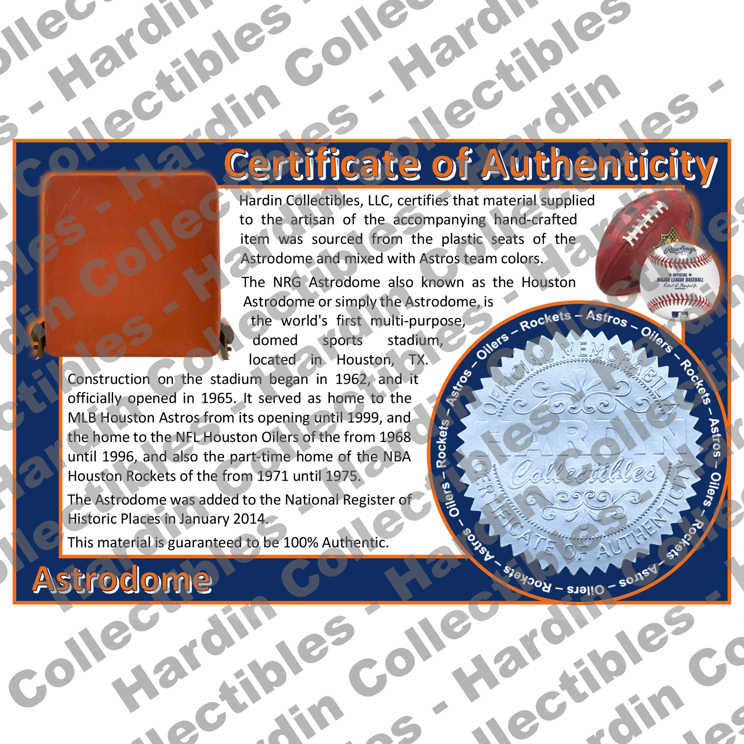 Image of certificate of authenticity for Astrodome (Houston Astros) [PLASTIC] - front