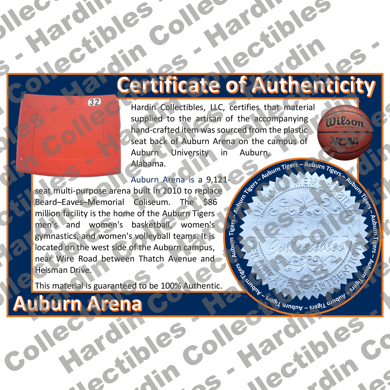Image of certificate of authenticity for Auburn Arena (Auburn University) - front