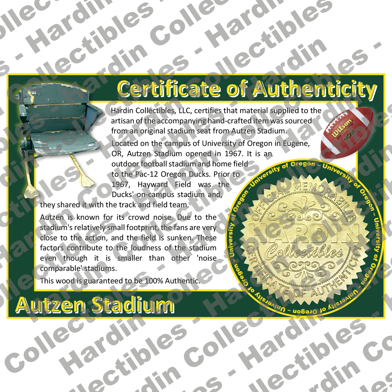 Image of certificate of authenticity for Autzen Stadium (University of Oregon) - front